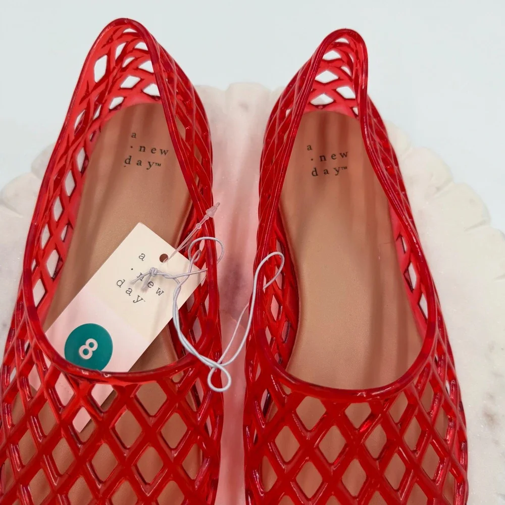 A New Day tutu Red Lattice Jelly Flats Womens Size 8 Cage Slip On Summer Shoes